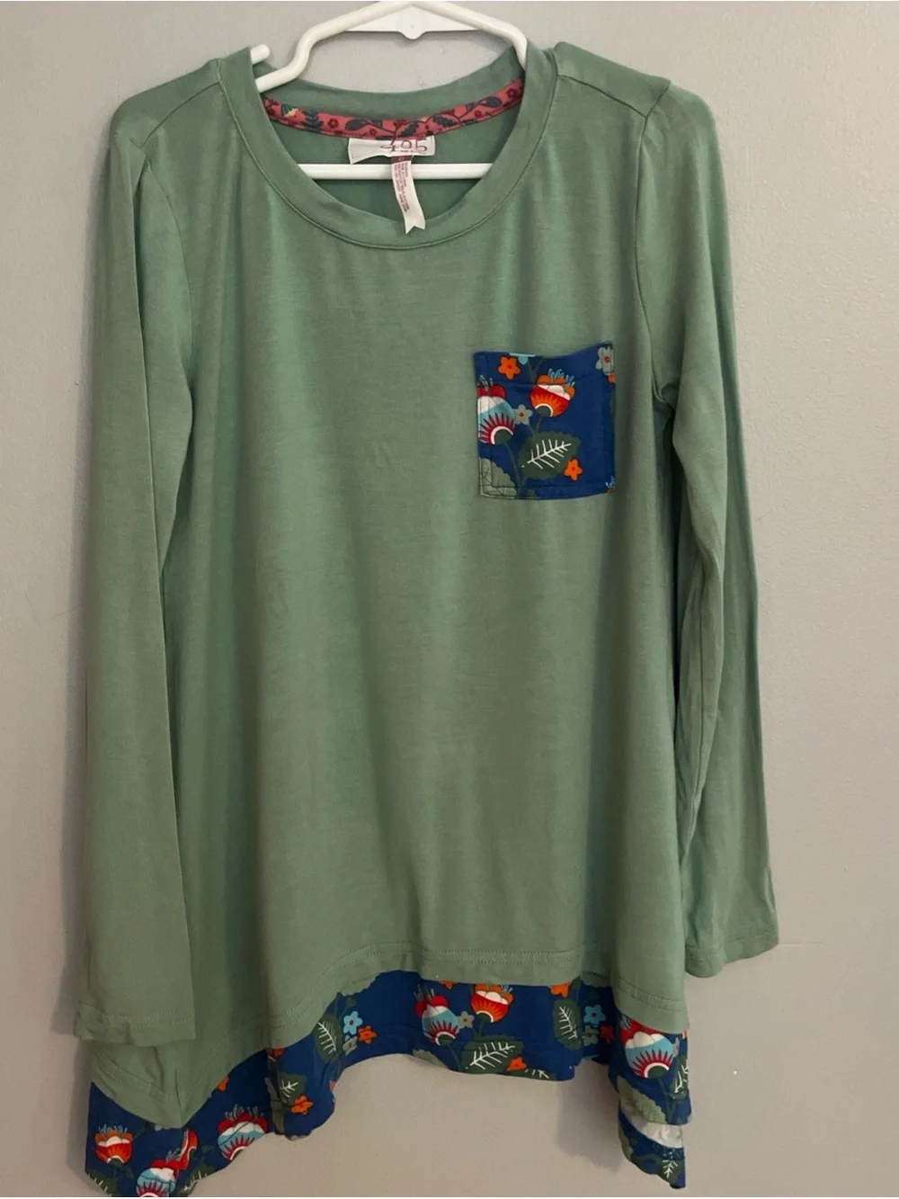 Matilda Jane Mint Green Long-Sleeve Top with Blue Floral Pocket and Hem